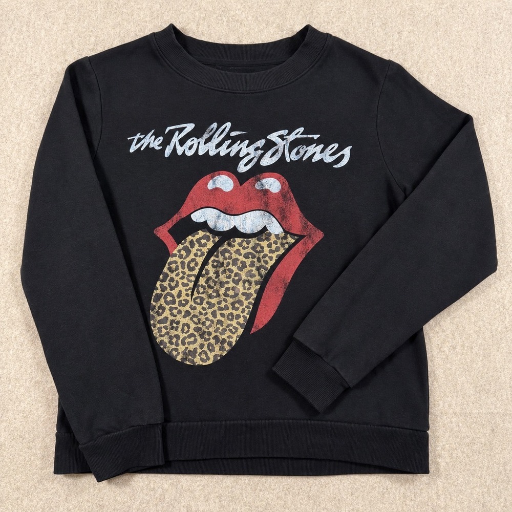Rolling Stones Womens Sweatshirt Black Leopard Tongue Graphic Rock Band Crewneck